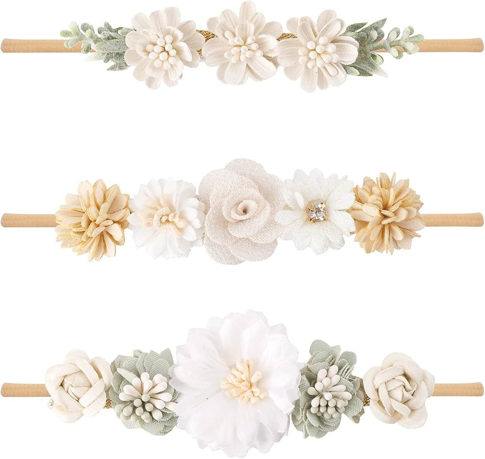 cherrboll 3pcs Baby Girl Headbands Flowers, Super Soft & Stretchy Nylon Floral Hairbands for Newb... | Amazon (CA)