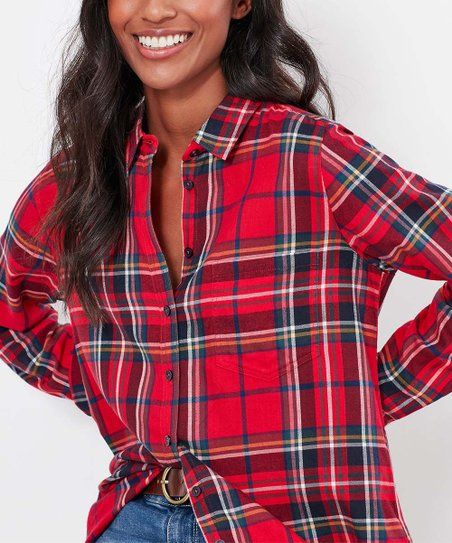 Joules Red Plaid Lorena Longline Button-Up - Women | Zulily