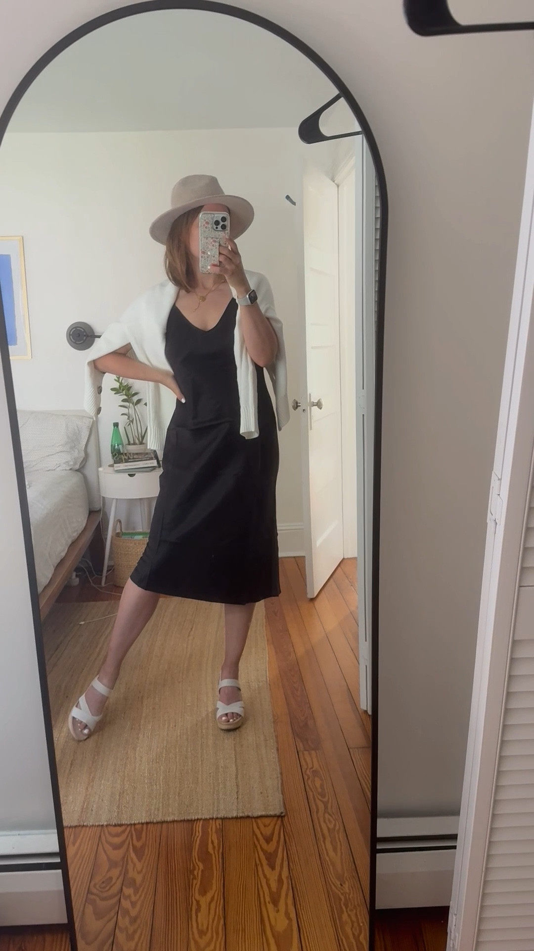 Perfect washable silk dress with cropped cardigan (the buttons on the cream color are super cute). The silk dress is super flattering! 