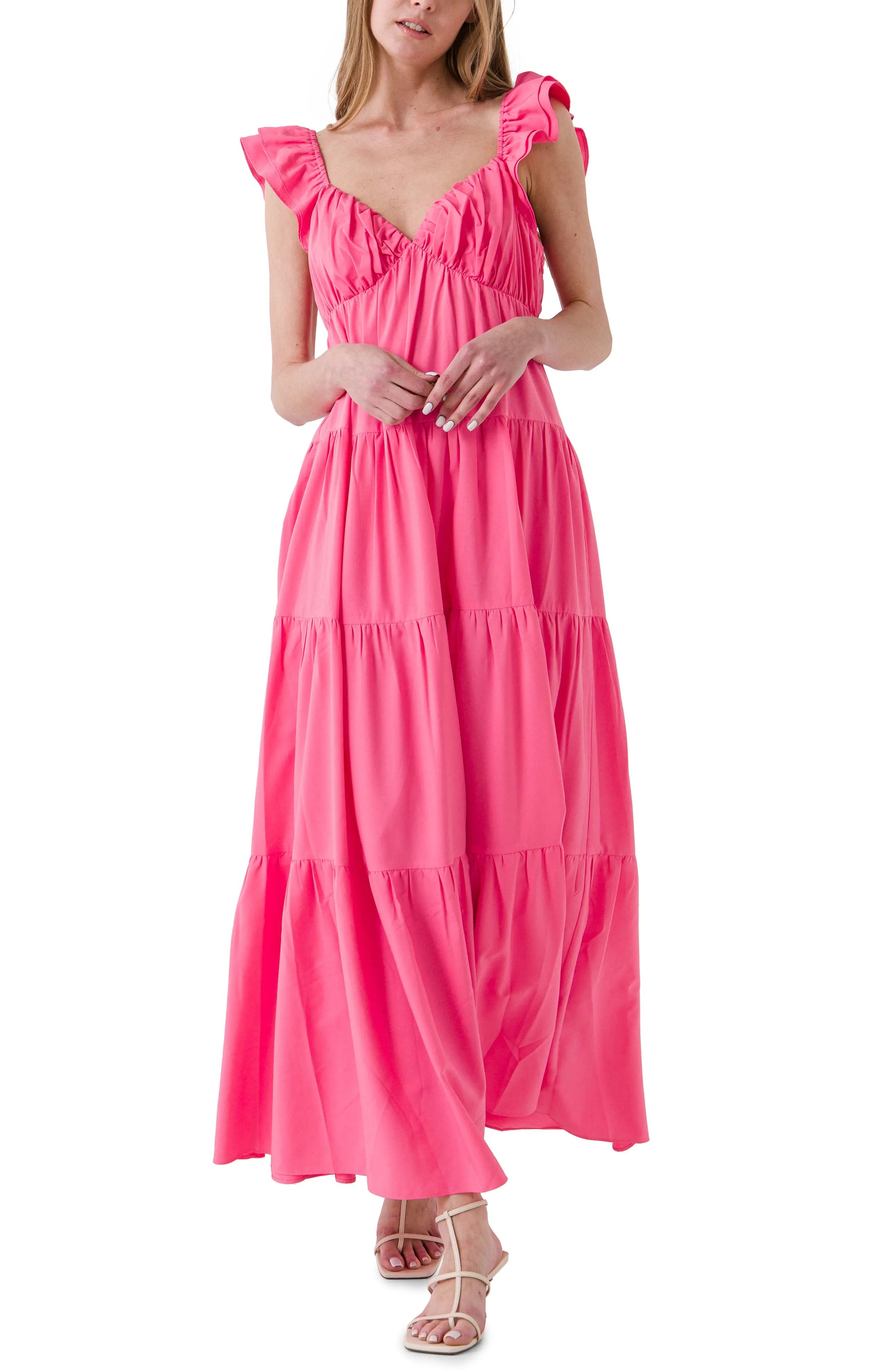 Free the Roses Ruffle Sleeve Maxi Dress, Size Medium in Pink at Nordstrom | Nordstrom