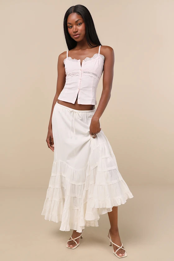 Bedelia Ivory Tiered Drawstring Maxi Skirt | Lulus