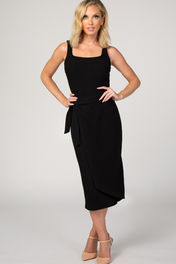 Black Ribbed Fitted Wrap Tie Dress | PinkBlush Maternity