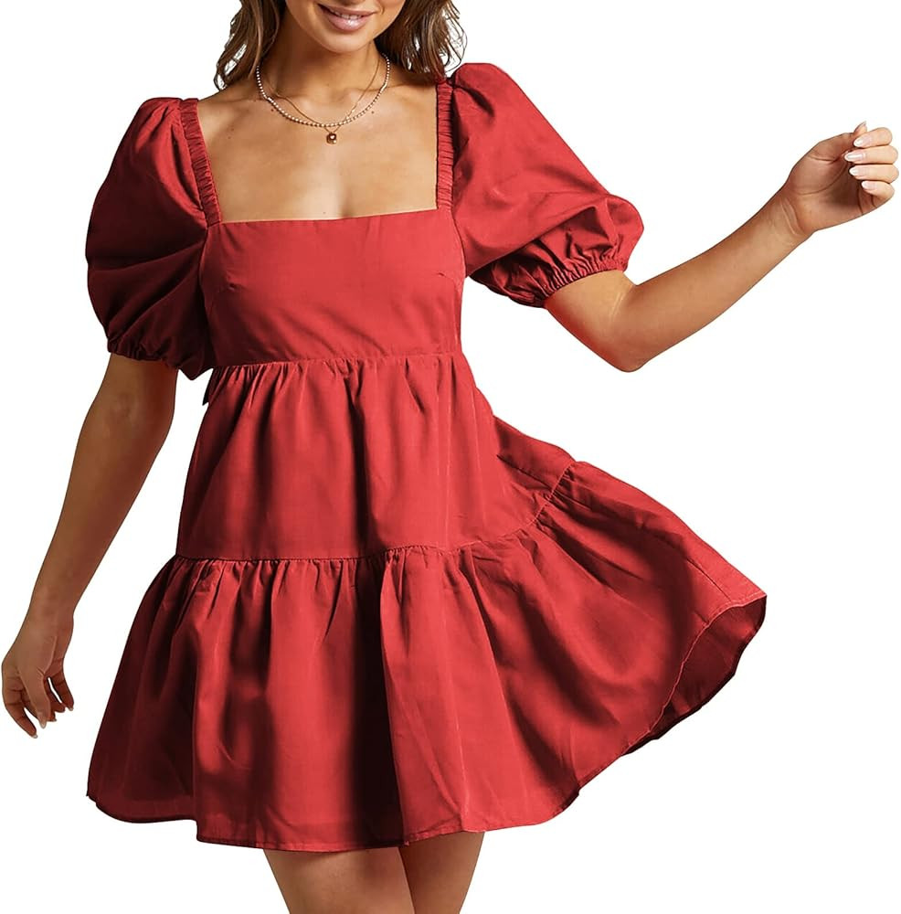 Shy Velvet Women's Casual Party Mini Dress Square Neck Short Bubble Sleeve A-line Loose Dresses | Amazon (US)