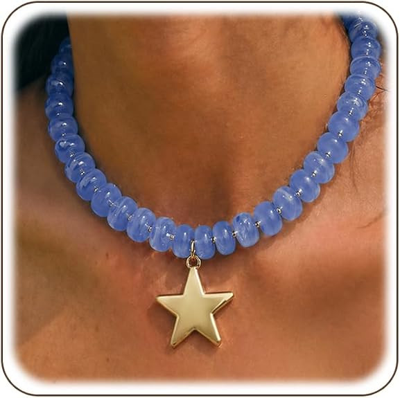 Colorful Chunky Beaded Necklace for Women,Boho Resin Beaded Choker Necklace Star Pendant Necklace... | Amazon (US)