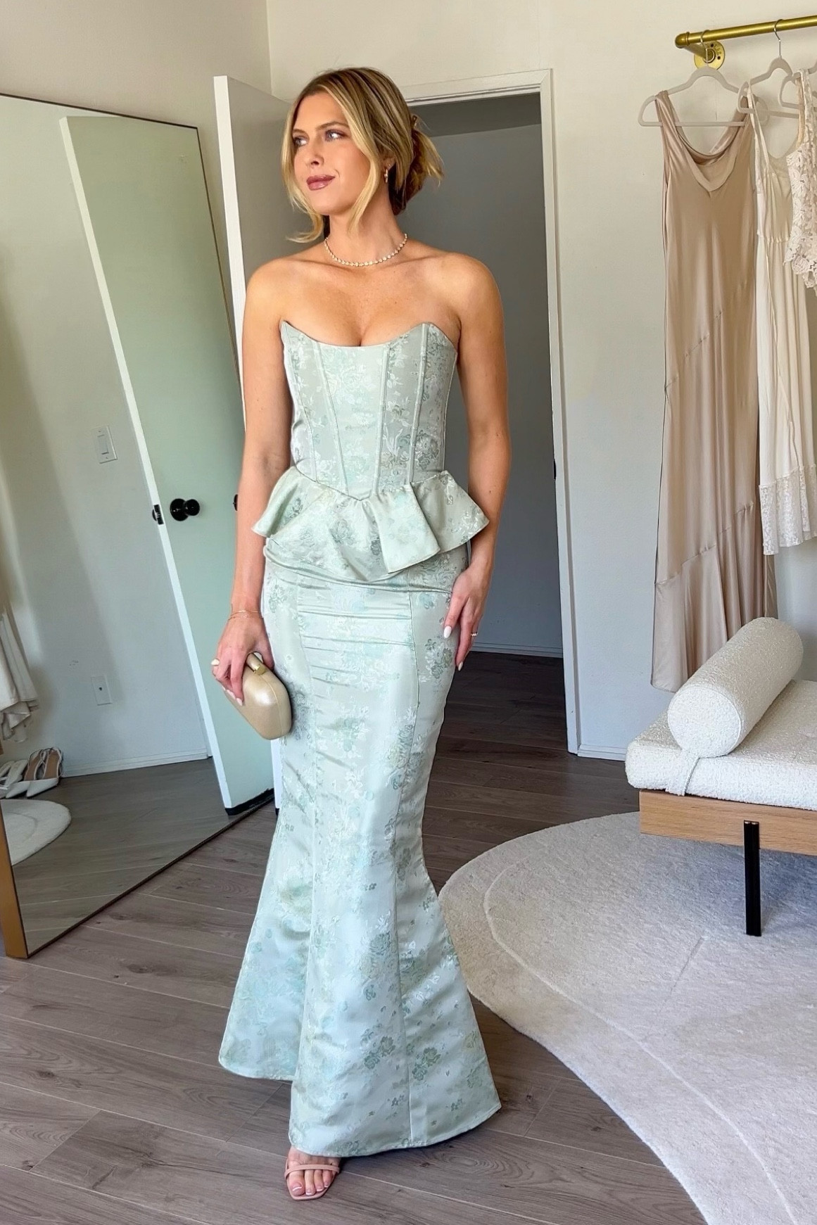 Spring wedding guest dress inspiration in Sage green. Corset dress is very Chapman from revolve in a 4. Runs snug. 
#chicweddingguest #weddingguestattire #weddingguestinspiration 