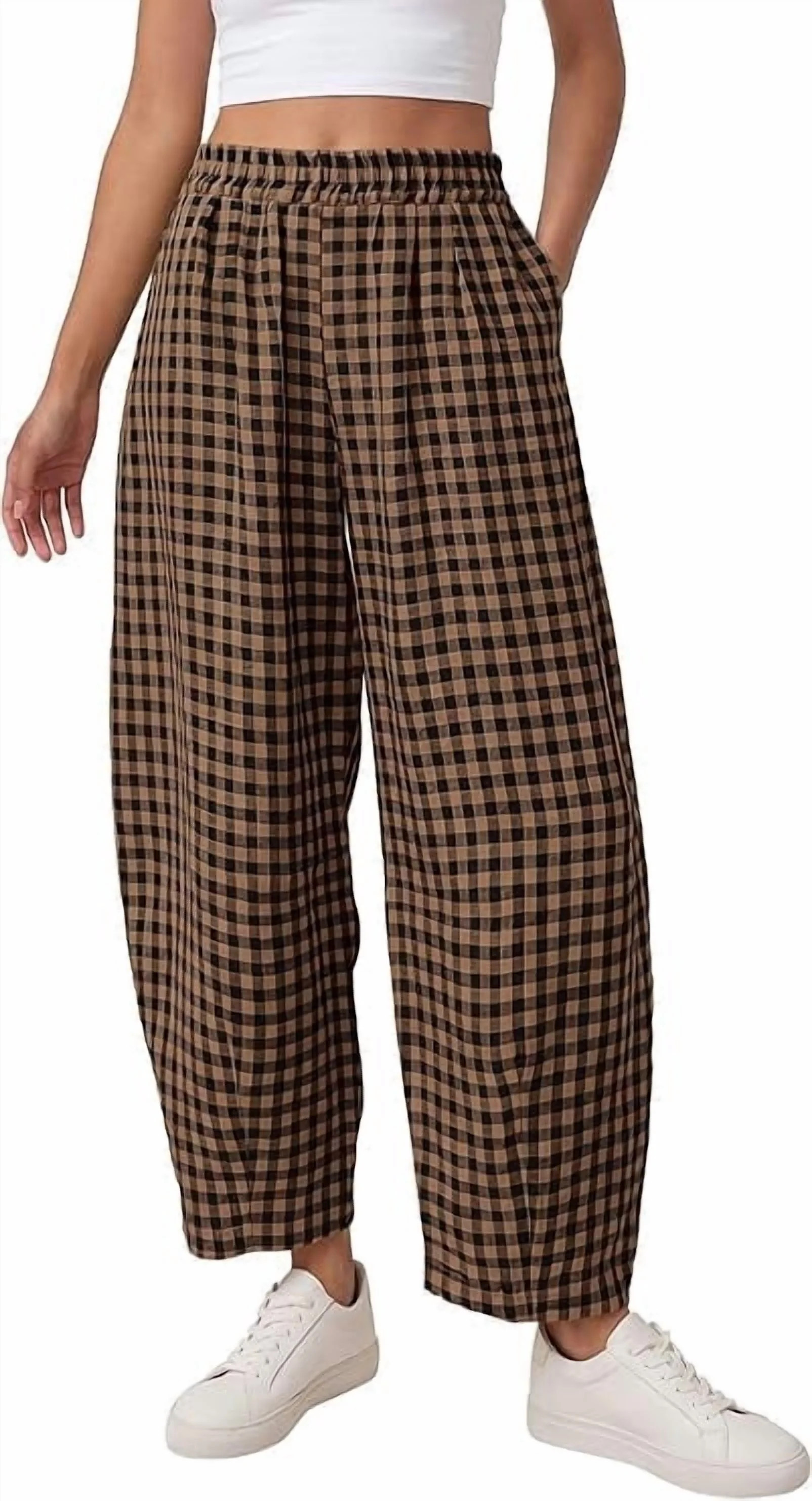 PRETTYGARDEN Plaid Barrel Pants Women Summer Casual Loose Wide Leg Lounge Gingham Trousers Spring... | Walmart (US)