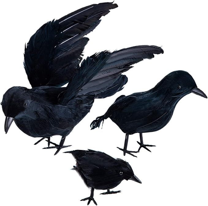 Tinsow 3 Pcs Black Crows Halloween Prop Realistic Handmade Feathered Crow Fly and Stand Crows Rav... | Amazon (US)