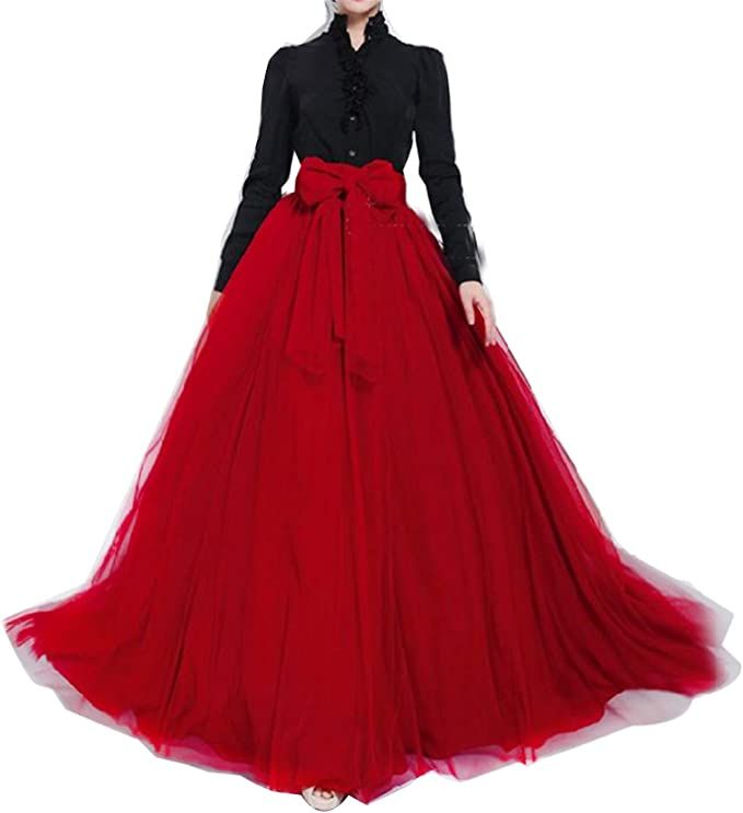 Women Wedding Long Maxi Puffy Tulle Skirt Floor Length A Line with Bowknot Belt High Waisted for ... | Amazon (US)