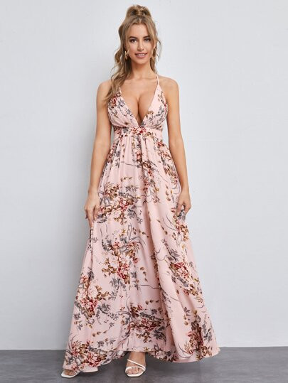 SHEIN Criss Cross Backless Floral Maxi Dress | SHEIN