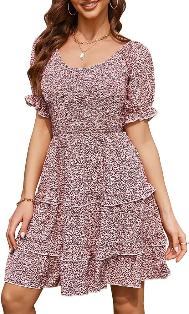 LAISHEN Women 2023 Summer Smocked Dresses Short Sleeve Ruffle Mini Babydoll Dress | Amazon (US)
