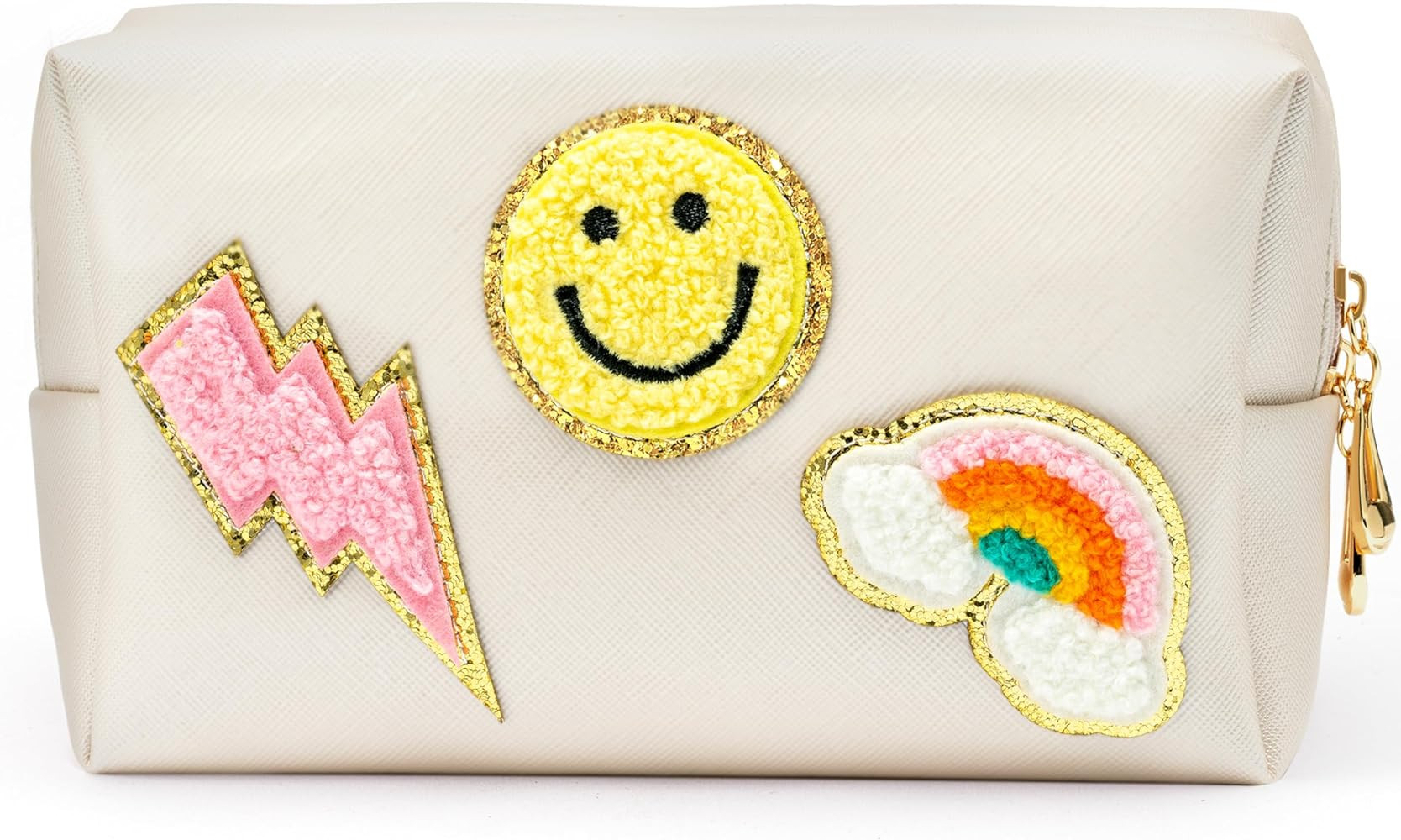 LieToi Preppy Patch Small Cosmetic Toiletry Bag Smile Rainbow Lightning PU Leather Waterproof Por... | Amazon (US)