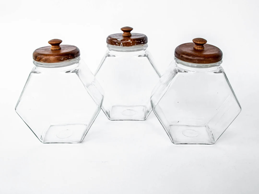 Set of 3 Glass Hexagon Canisters with Teak Lids | Etsy (US)