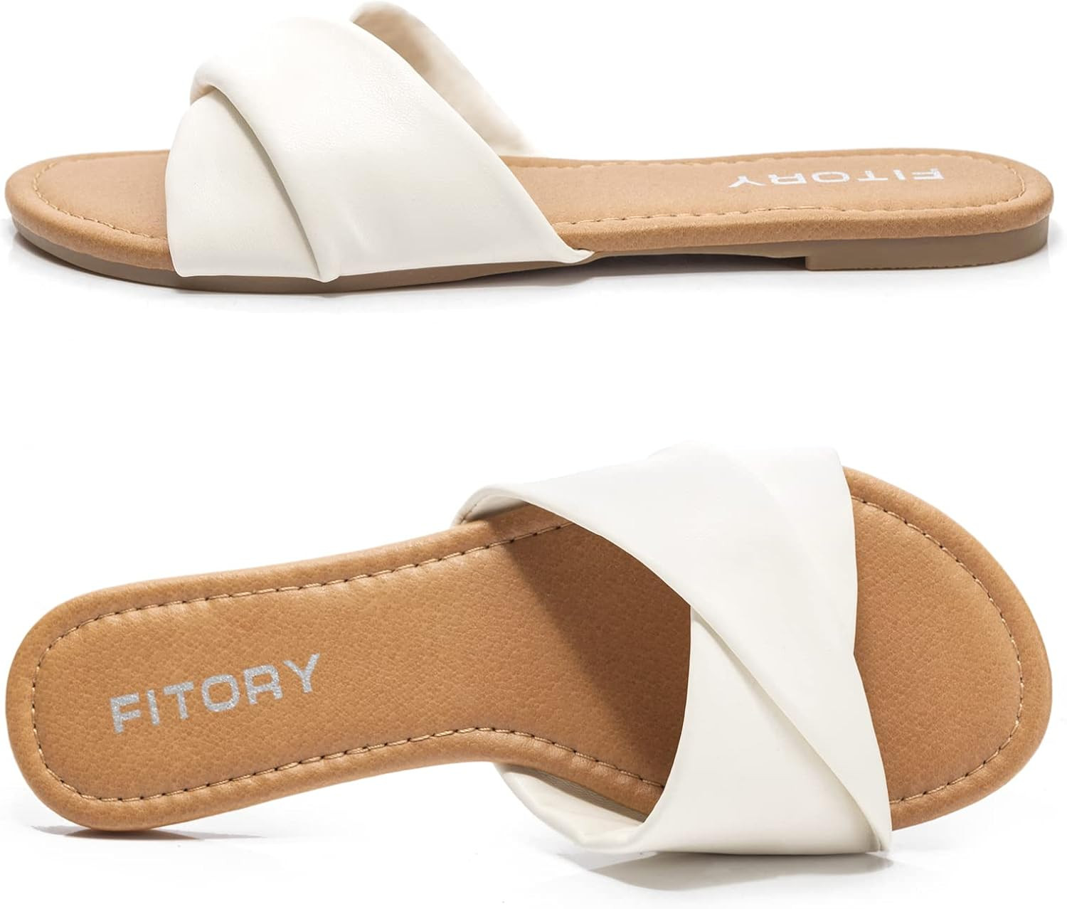 FITORY Women's Flat Sandals Fashion Slides With Soft Leather Slippers for Summer Size 6-11 | Amazon (US)