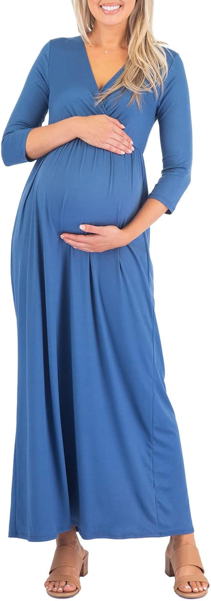 Mother Bee Maternity 3/4 Sleeve Ruched Dress with Empire Waist for Baby Showers or Casual Wear | Amazon (US)