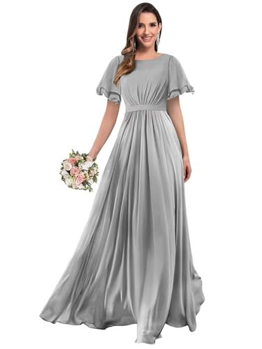 Mollyevers Silver Bridesmaid Dresses for Wedding Long Chiffon Formal Evening Gown with Sleeves Size 2 | Amazon (US)