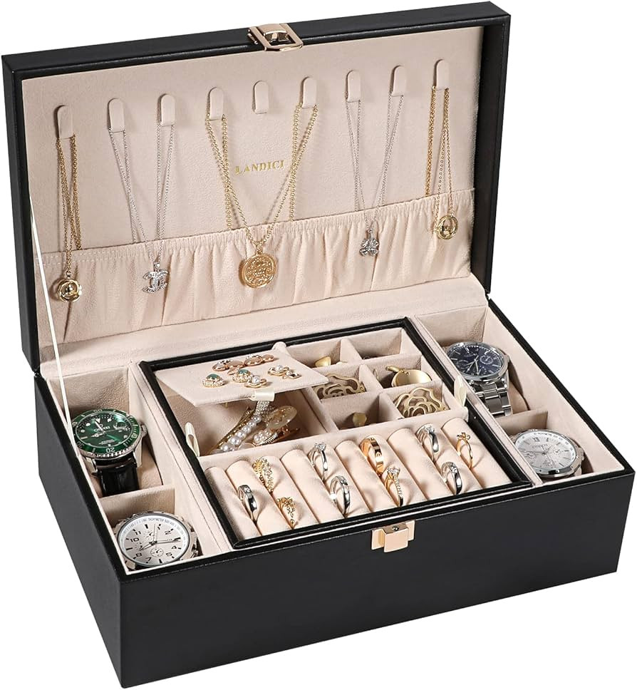 LANDICI Jewelry Box Organizer for Women Girls, Large 2 Layer Men Watch Case with Rem... | Amazon (US)