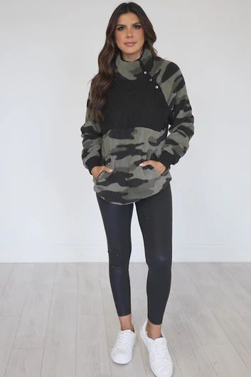 Hiding In Plain Sight Asymmetrical Grey Camo Sherpa Pullover | Pink Lily