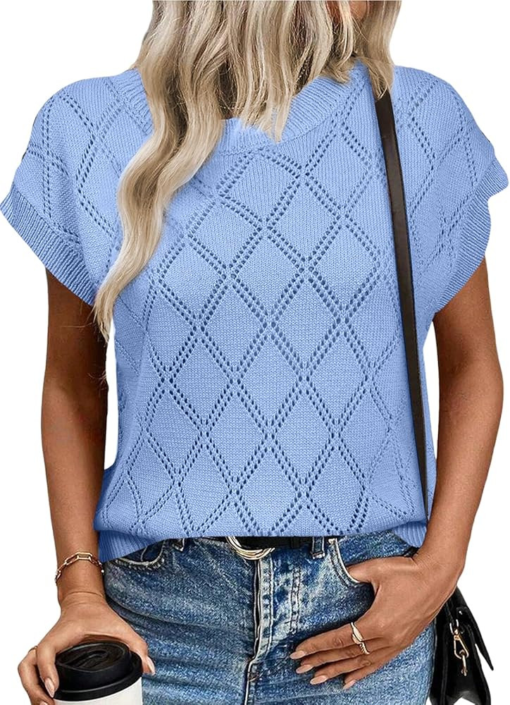 SHEWIN Womens Summer Tops Casual Crewneck Short Sleeve Shirts Cable Knit Lightweight Loose Pullov... | Amazon (US)