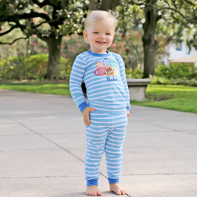 Football Turkey Light Blue Stripe Pajamas | Classic Whimsy