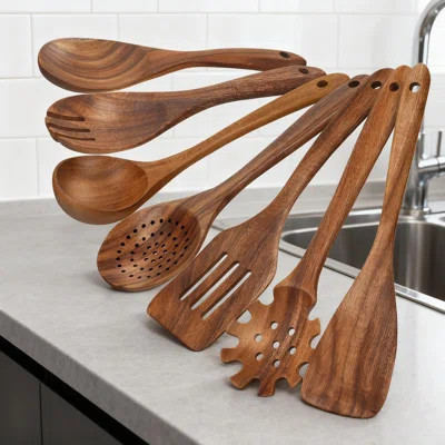 7-Piece Teak Wooden Utensil Set For Cooking - Heat Resistant Kitchen Spoons, Spatula & Ladle For Nonstick Cookware - Natural Wood Cookware Tools | Wayfair North America