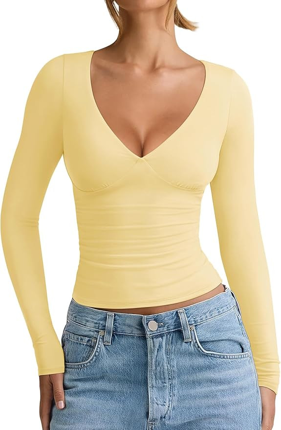 REORIA Womens 2026 Winter Fall Fashion Deep V Neck Long Sleeve Shirts Double Lined Casual Slim Fi... | Amazon (US)