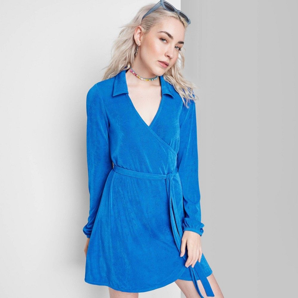 Women's Balloon Long Sleeve Wrap Dress - Wild Fable Blue XL | Target