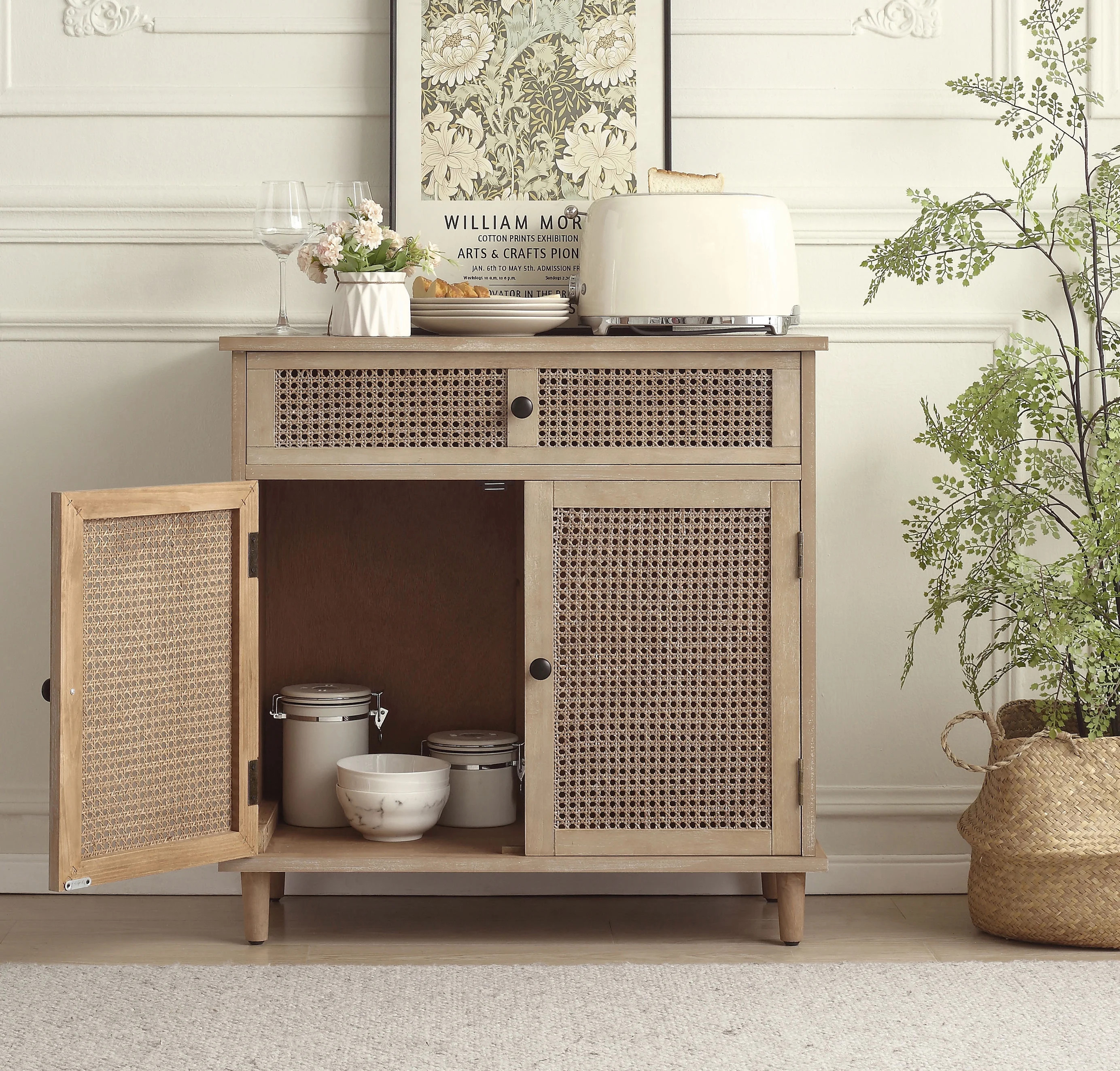 Art Leon Rustic Storage Cabinet with 2-Door&1Drawers Rattan Decoration Wood Finish,Oak Kitchen Co... | Walmart (US)