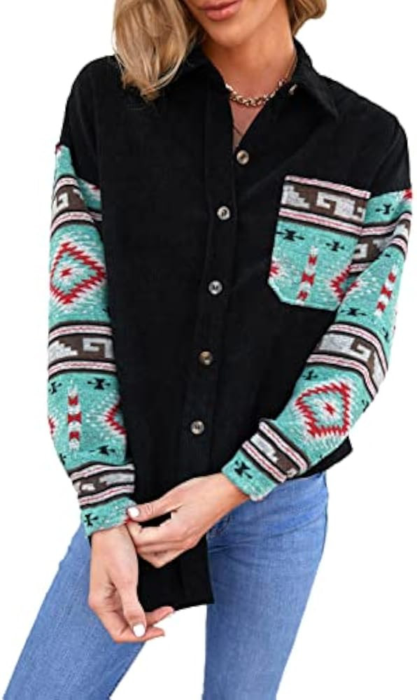 Women Aztec Print Long Sleeve Corduroy Shirts Shacket Casual Button Down Oversized Blouses Jacket... | Amazon (US)