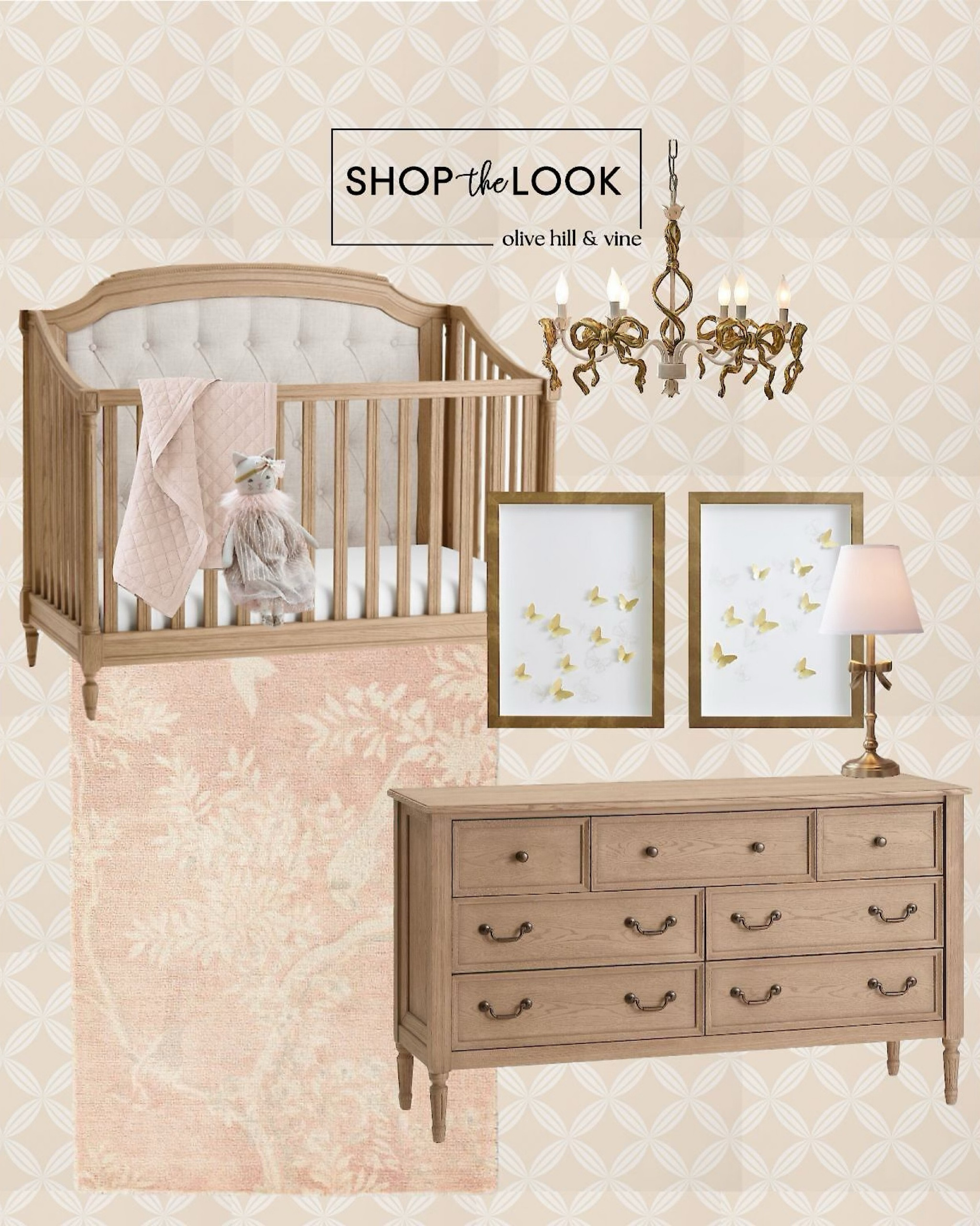 Step into a dreamy world of delicate hues and whimsical charm. Our curated nursery blends blush tones with timeless Pottery Barn pieces. From the tufted crib to the enchanting bird-themed rug, every detail evokes a sense of serenity. Add a touch of elegance with golden butterfly art and playful animal dolls. Illuminate the space with chandeliers and lamps adorned with golden bows. It's not just a room, it's a sanctuary for your little one. 

#LTKBump #LTKBaby #LTKHome