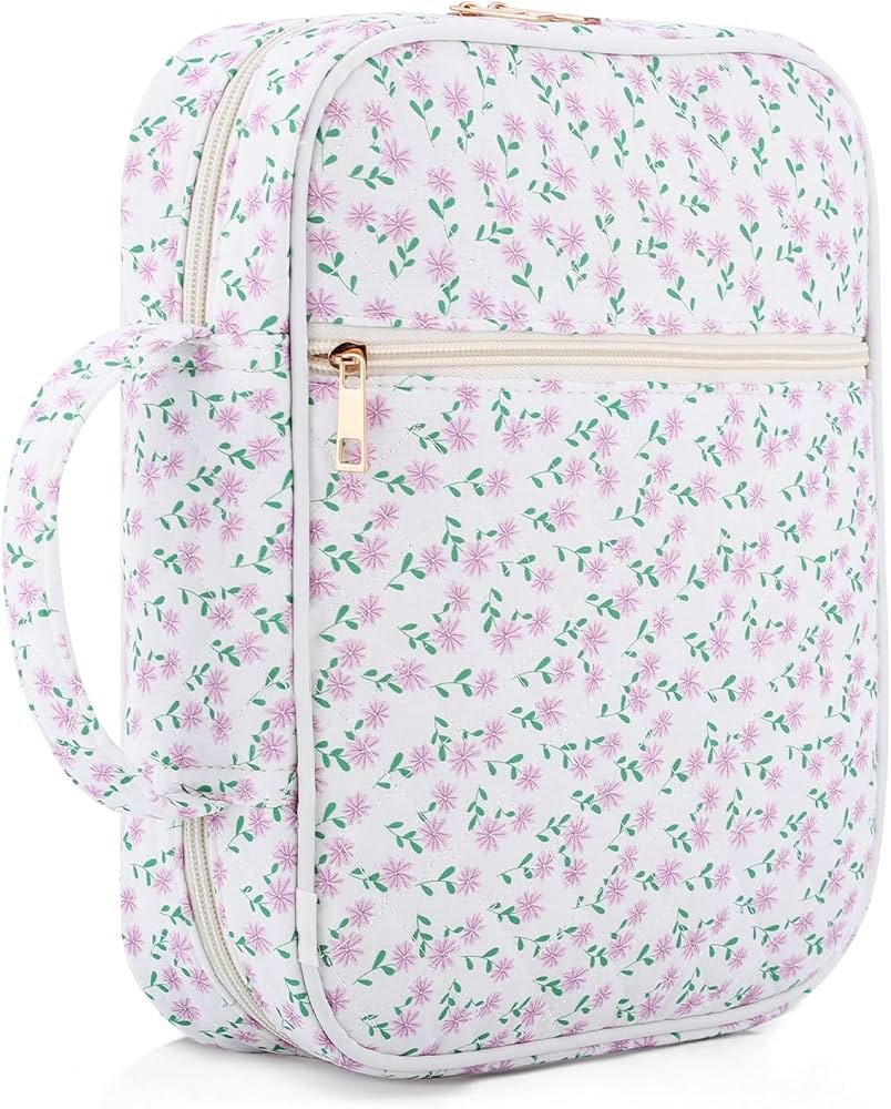 Dntorx Quilted Bible Cover Case for Women with Handle, Bible Bag with Zippered Pocket, Pink Flora... | Amazon (US)