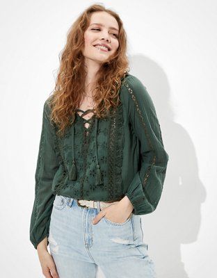 AE Embroidered Lace Up Blouse | American Eagle Outfitters (US & CA)