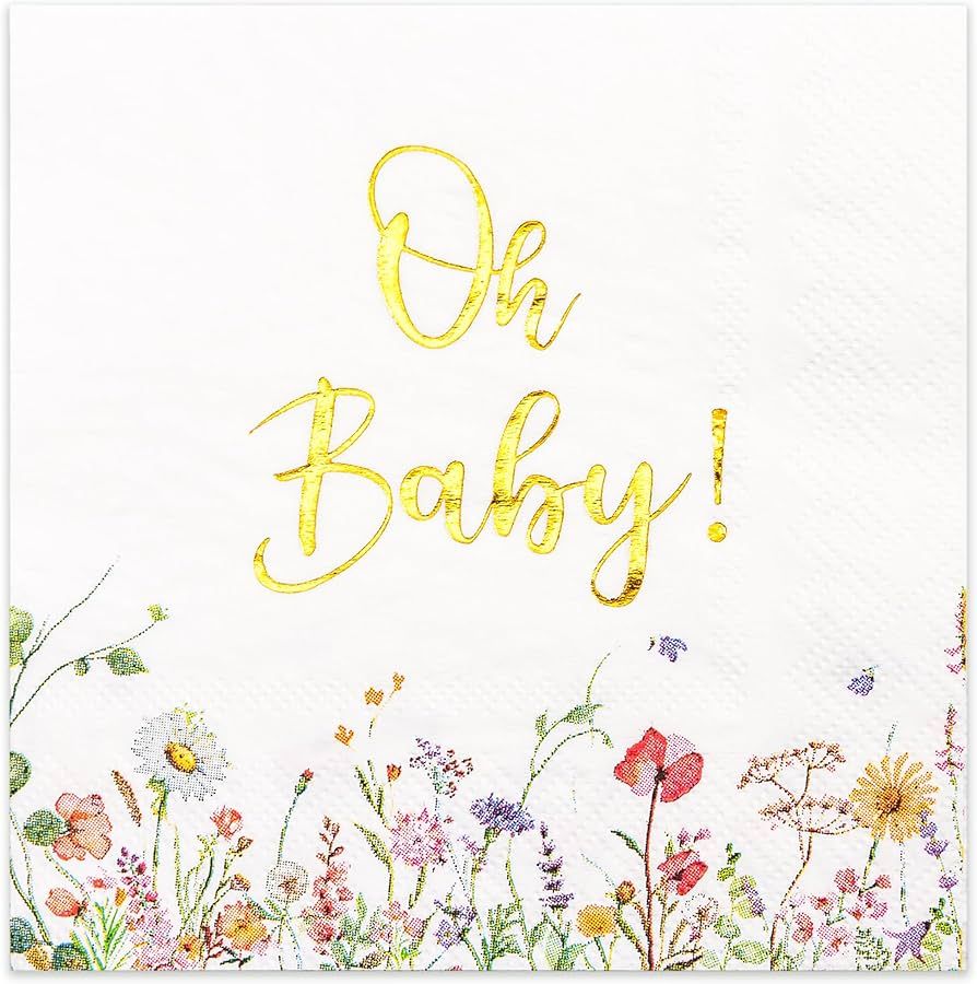 Crisky Baby Shower Napkins Floral Gold Foil Oh Baby Paper Disposable Napkins for Baby Shower Part... | Amazon (US)