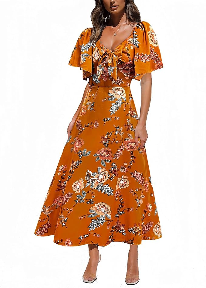 Fashionme Womens Dresses 2025 Maxi Dresses Deep V Neck Elegant Bow Tie Front Cap Sleeve Summer Fl... | Amazon (US)