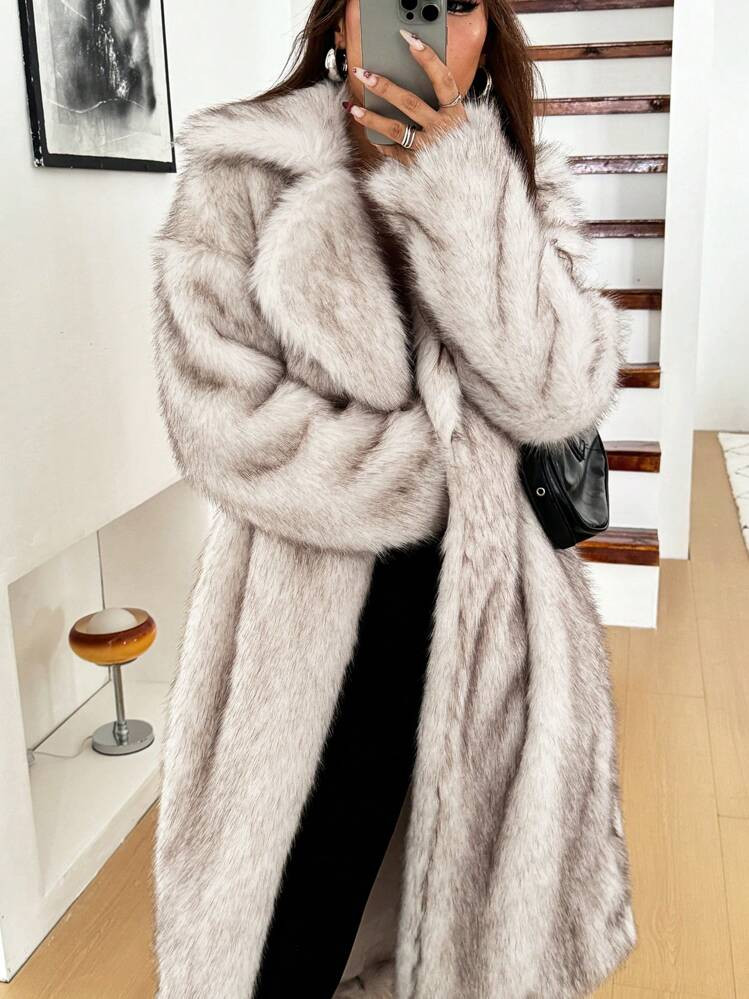 Women’s winter stand collar long sleeve with pockets long elegant fluffy coat  | SHEIN