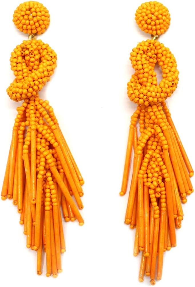 Handmade Beaded Solid Color Post Statement Earrings for Women All Season 4 inch Long | Amazon (US)