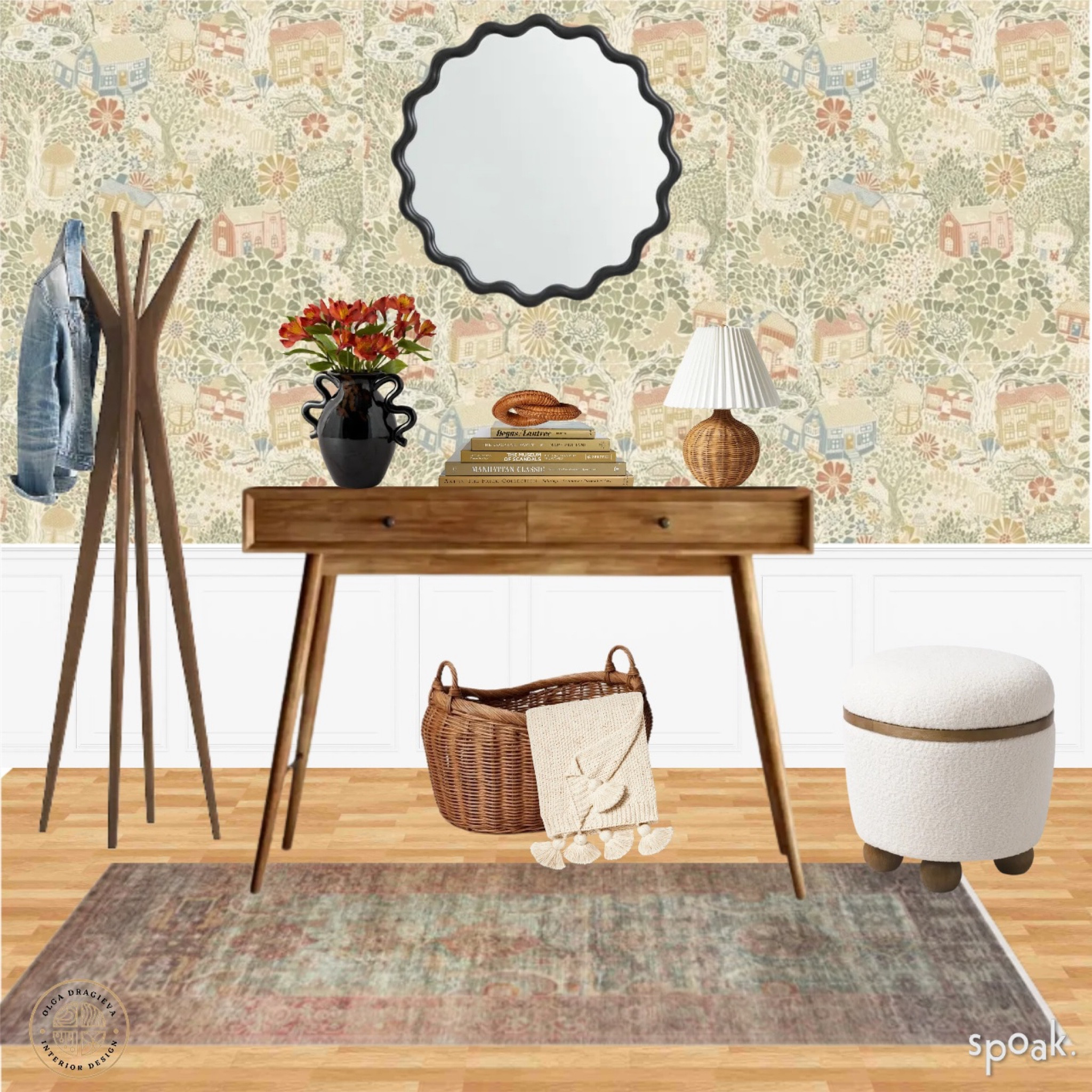 Gorgeous entryway with a fun cottage wallpaper, black wavy mirror, storage ottoman, oriental rug and a coat rack from Crate & Barrel. 

#LTKhome #LTKstyletip #LTKSpringSale