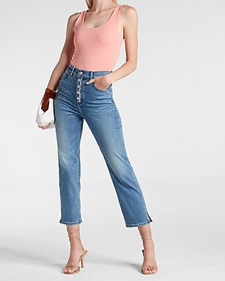 Super High Waisted Medium Wash Button Fly Cropped Straight Jeans | Express