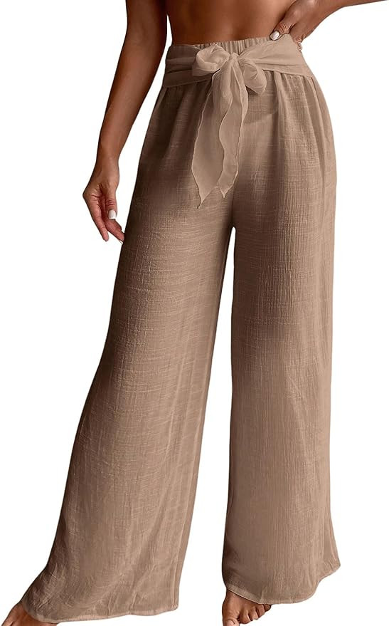 Women's Cover Up Beach Pants Tie Front Mesh Wide Leg Loose Bathing Suit Beach Cover Up Pants | Amazon (US)