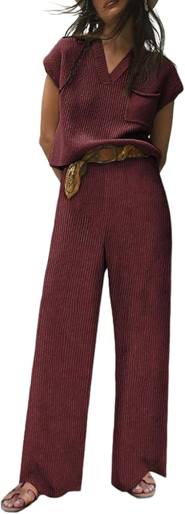 EVALESS Lounge Sets for Women Fall Two Piece Outfits Sleeveless V Neck Knit Pullover Tops and Wide L | Amazon (US)