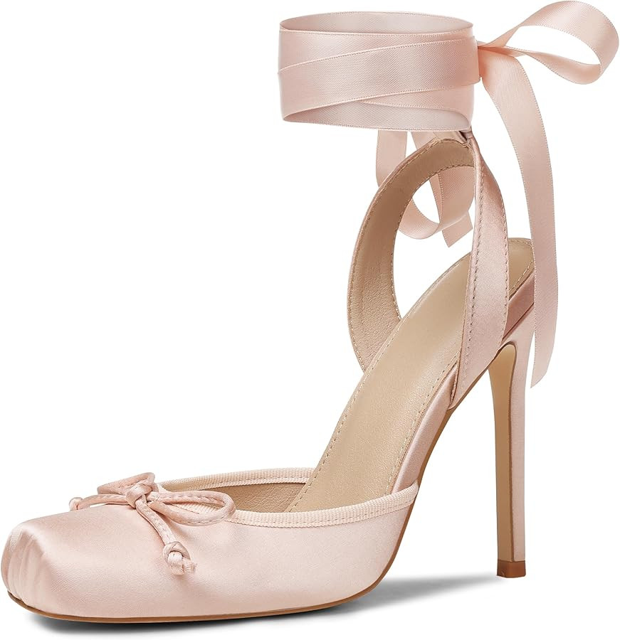 Celbreez Ballet Heels Satin Stiletto Heels for Women Close Square Toe Slingback Bow Lace Up High ... | Amazon (US)