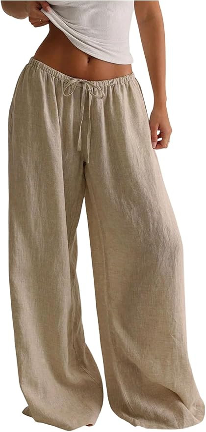SweatyRocks Women's Linen Palazzo Pants Low Waist Casual Wide Leg Long Trousers with Pockets | Amazon (US)