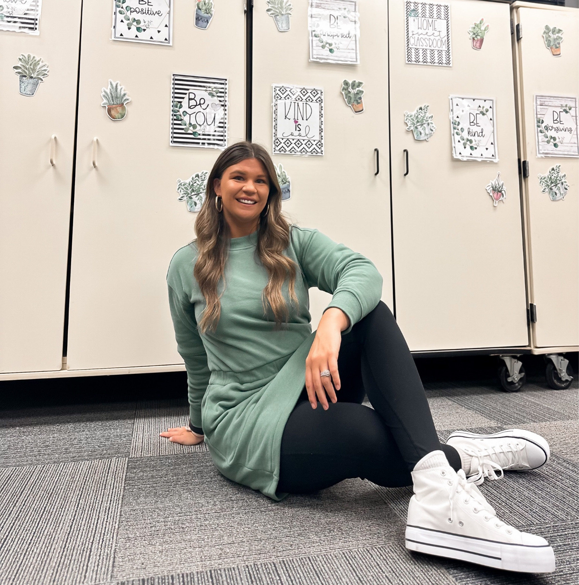 Teacher OOTD - sweatshirt dress with pockets, leggings, high-top sneakers

#LTKworkwear #LTKunder50 #LTKsalealert