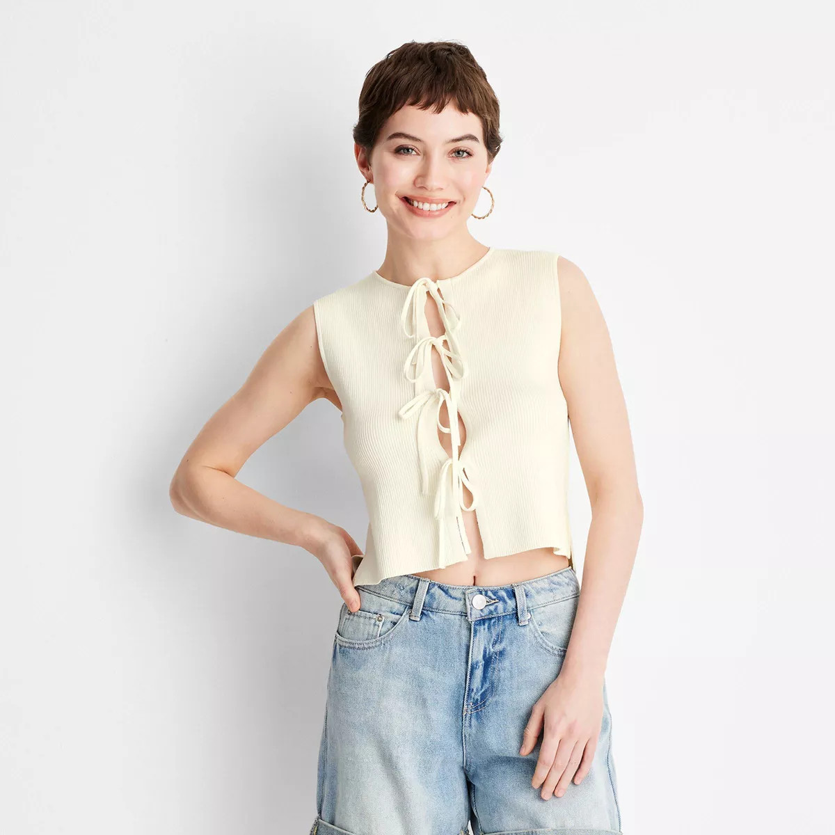 Women's Sleeveless Tie-Front Bow Sweater - Future Collective Black XS | Target