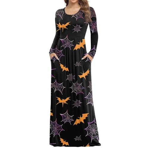 Womens Fall Dresses, Crew Neck Dress 50 Percent Off Deals Today Halloween Dresses for Women Long Sleeve Fall Swing Dress Skeleton Pumpkin Printed Cosplay Party Costume 01 Purple Pink 3X-Large | Amazon (US)
