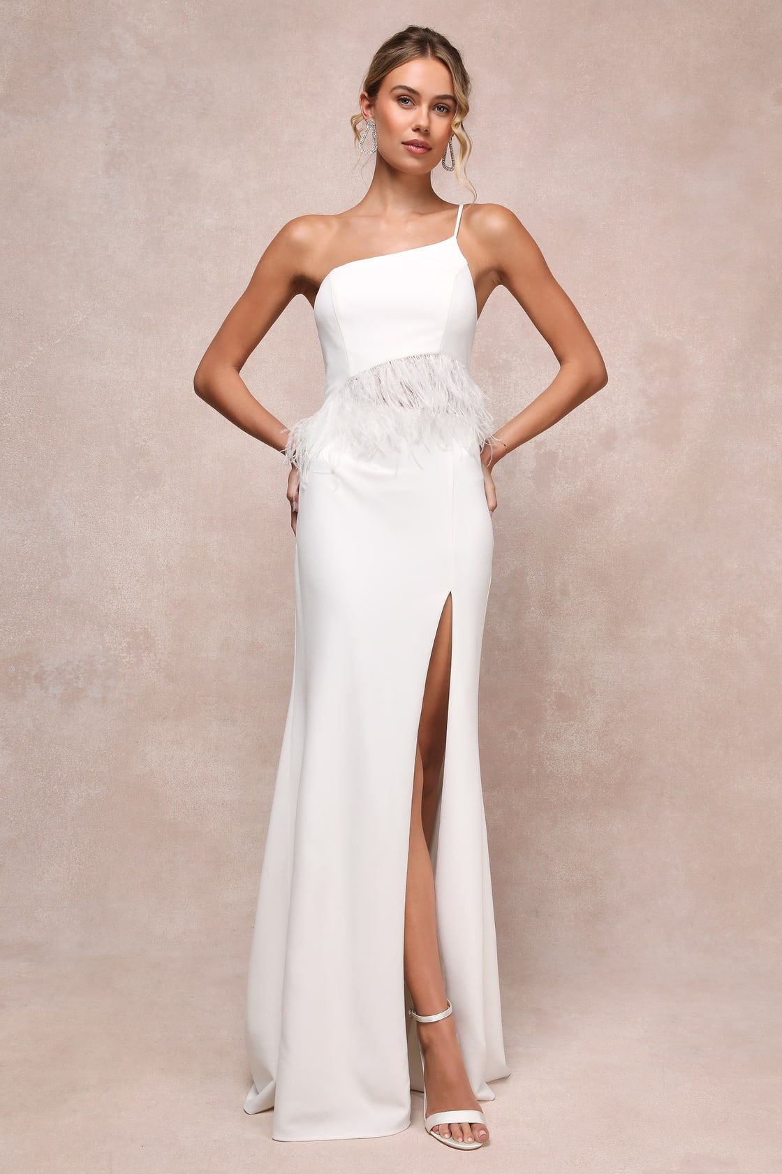 Glam Bliss White Feather One-Shoulder Cutout Maxi Dress | Lulus