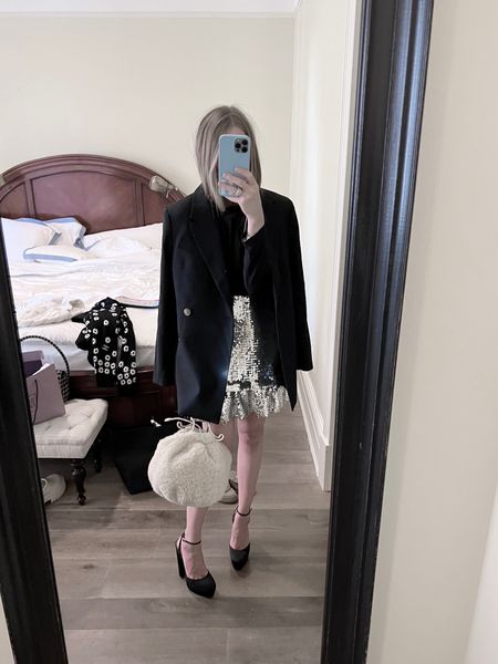 New York uptown girly aesthetic! Travel style. Oversized blazer and sequin mini skirt. Shearling bag. Black platforms. 

Fall outfits
Fall fashion 

#LTKstyletip #LTKtravel #LTKshoecrush