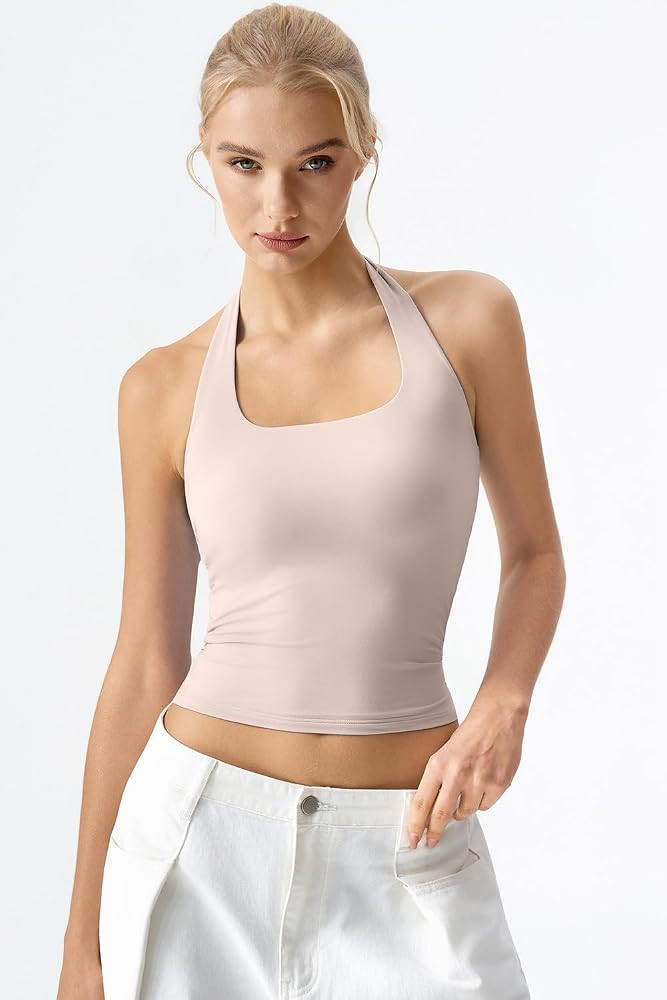 QINSEN Womens Halter Top Double Lined Tank Top Sleeveless Open Back Slim fit Going Out Tops | Amazon (US)