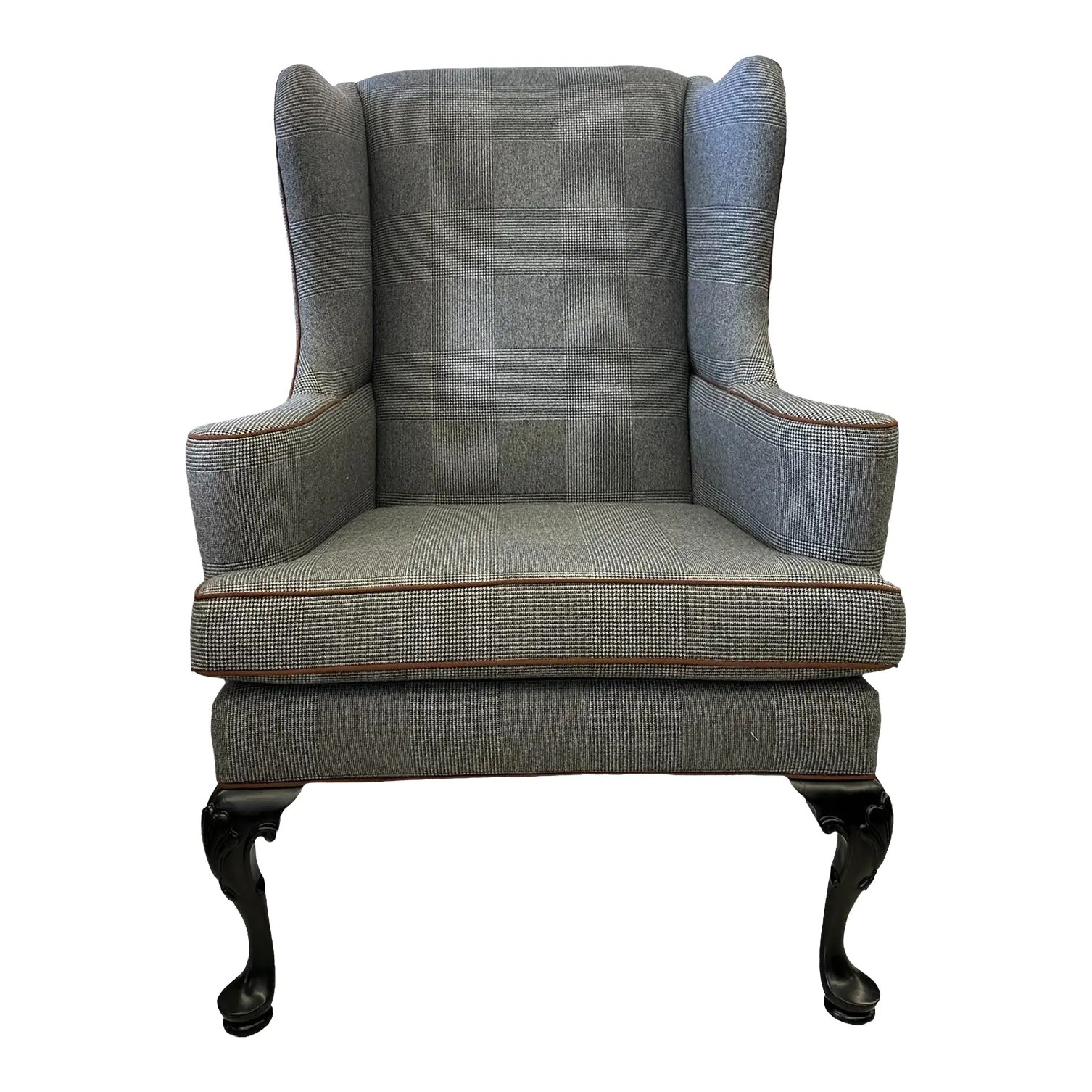Mid 20th Century Vintage Wingback Armchair in a Herringbone Pattern With Saddle Trim | Chairish