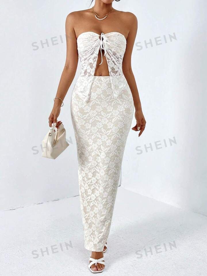 SHEIN Aloruh Women Summer Two Pieces Halter V-Neck Lace Bodycon Top And Lace Slit Skirt | SHEIN