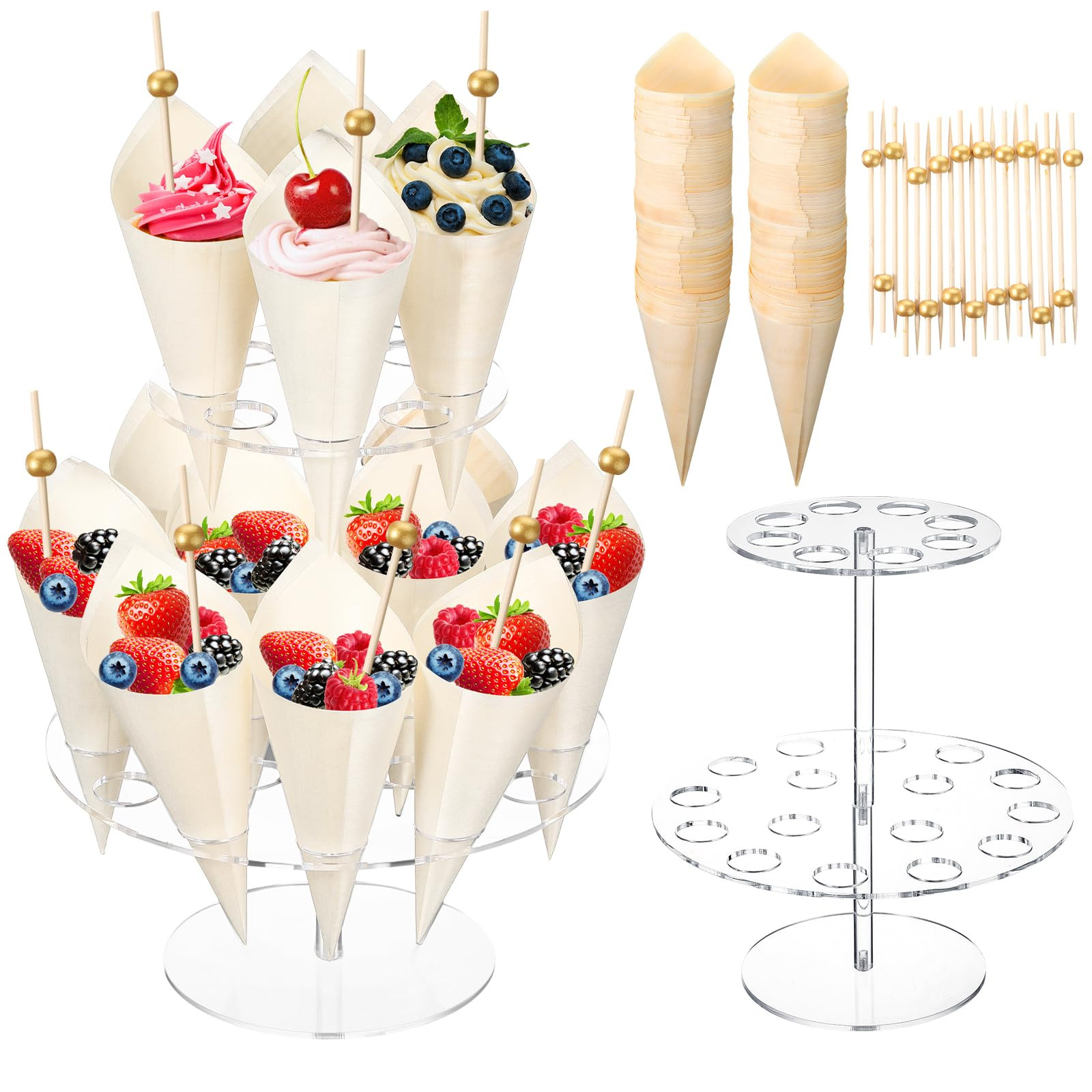 Charcuterie Cone Holder 24 Holes with 100 Pcs Disposable Wood Cone and 100 Pcs Cocktail Pick, Acr... | Amazon (US)